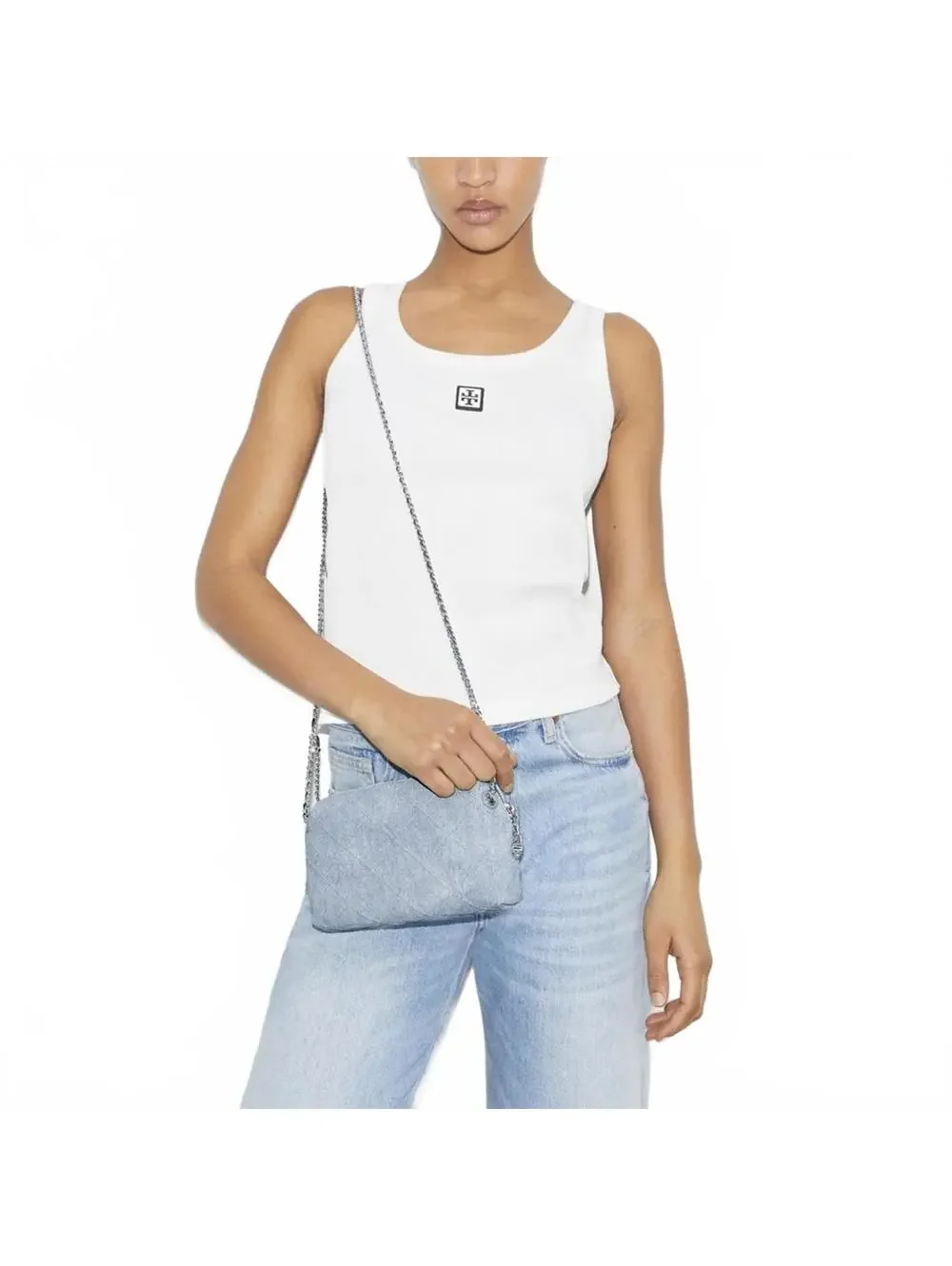 Tory Burch Small Fleming Soft Denim-Print Suede Crossbody Bag Blue NWT